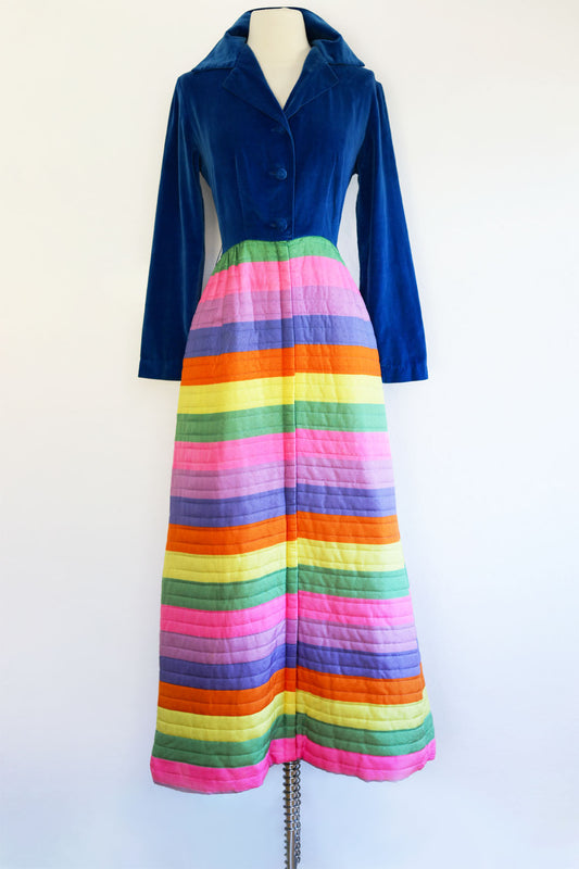 Vintage 1960s Dressing Gown - Silly and Fun Sapphire Velveteen + Rainbow Stripe Quilted Hostess Dress Size M