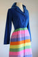Vintage 1960s Dressing Gown - Silly and Fun Sapphire Velveteen + Rainbow Stripe Quilted Hostess Dress Size M