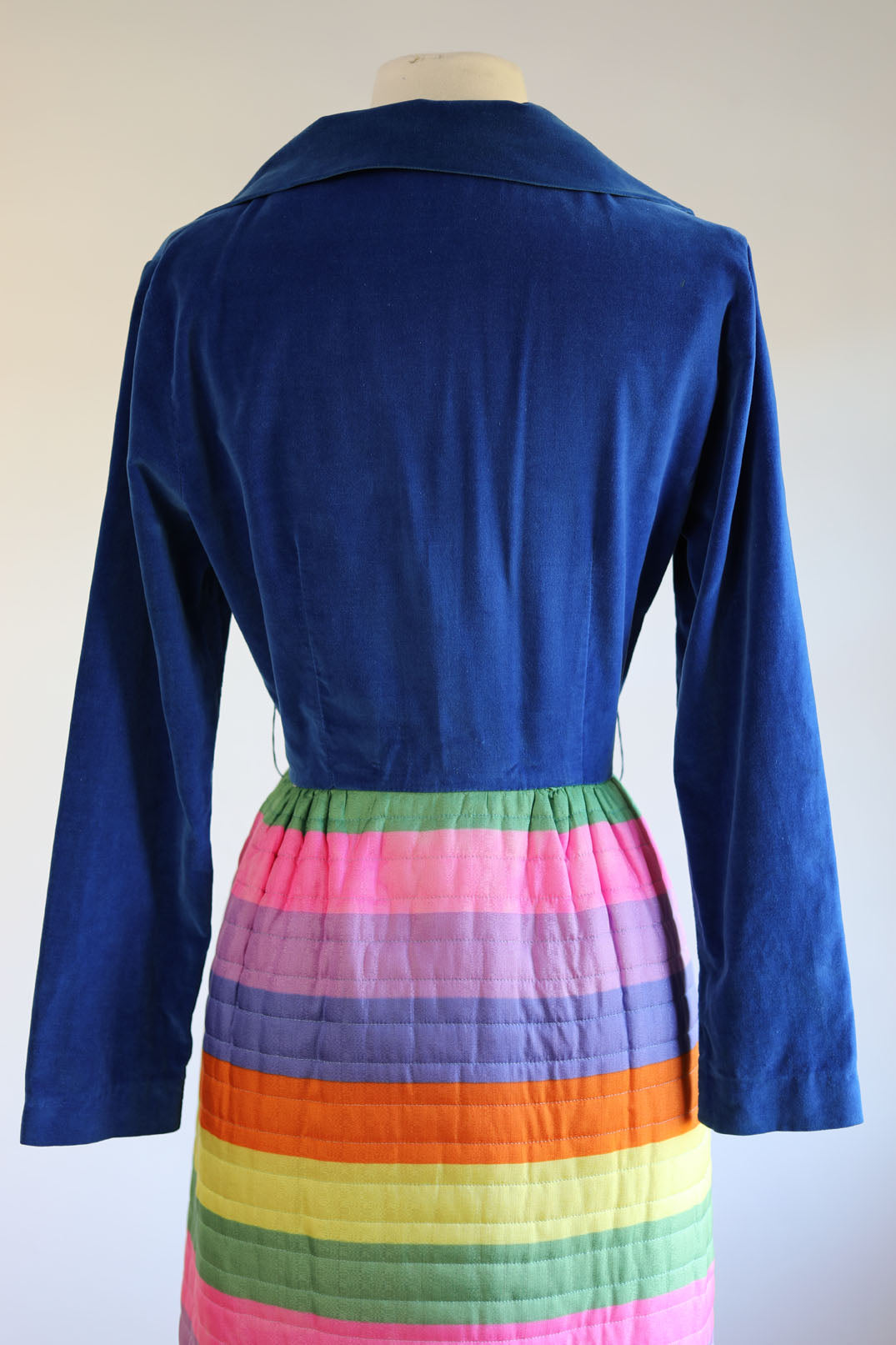Vintage 1960s Dressing Gown - Silly and Fun Sapphire Velveteen + Rainbow Stripe Quilted Hostess Dress Size M