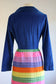 Vintage 1960s Dressing Gown - Silly and Fun Sapphire Velveteen + Rainbow Stripe Quilted Hostess Dress Size M