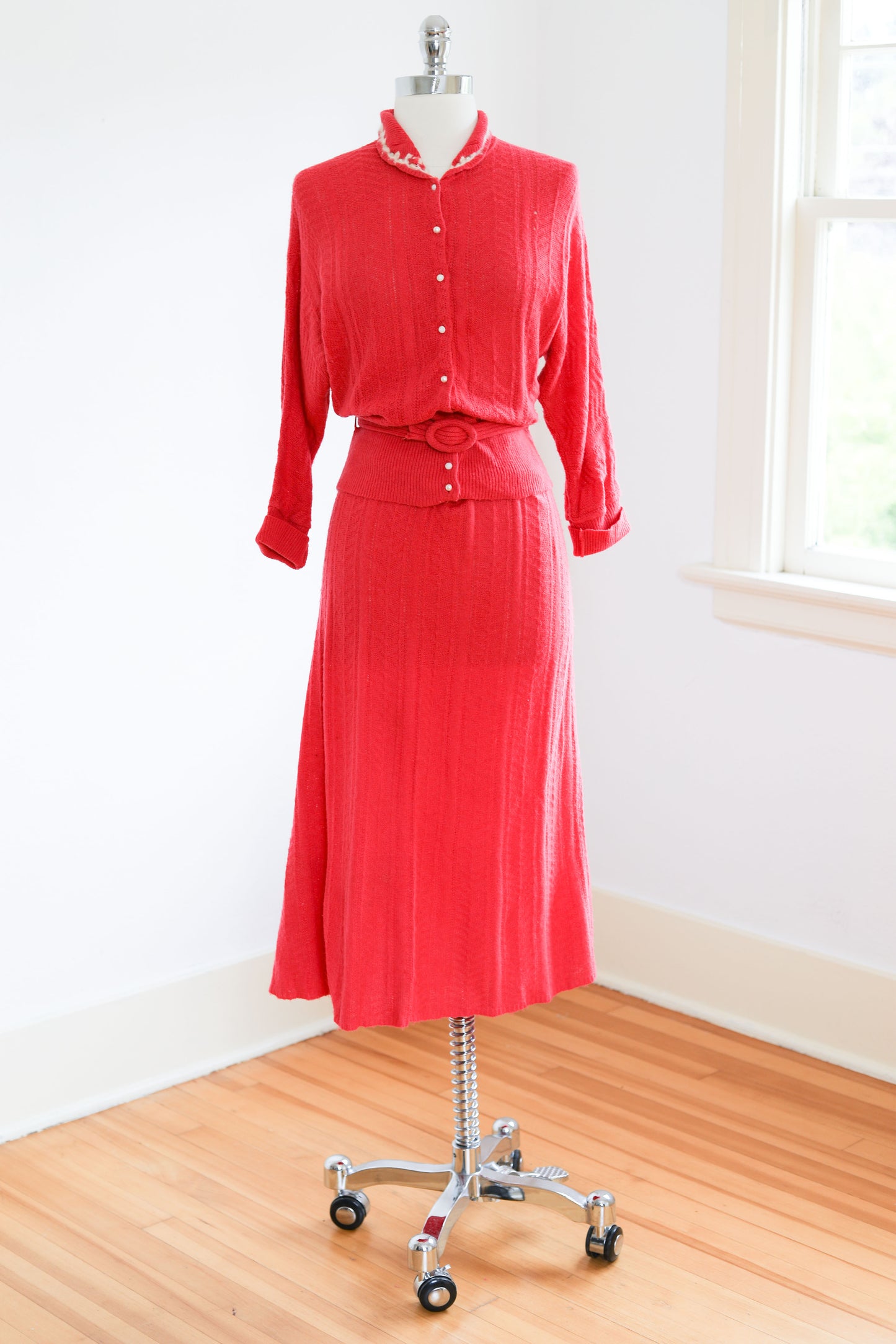 Vintage 1950s Wool Knit Dress Suit - Watermelon Pink Sweater Belt Skirt of Knitwear Size L - XL