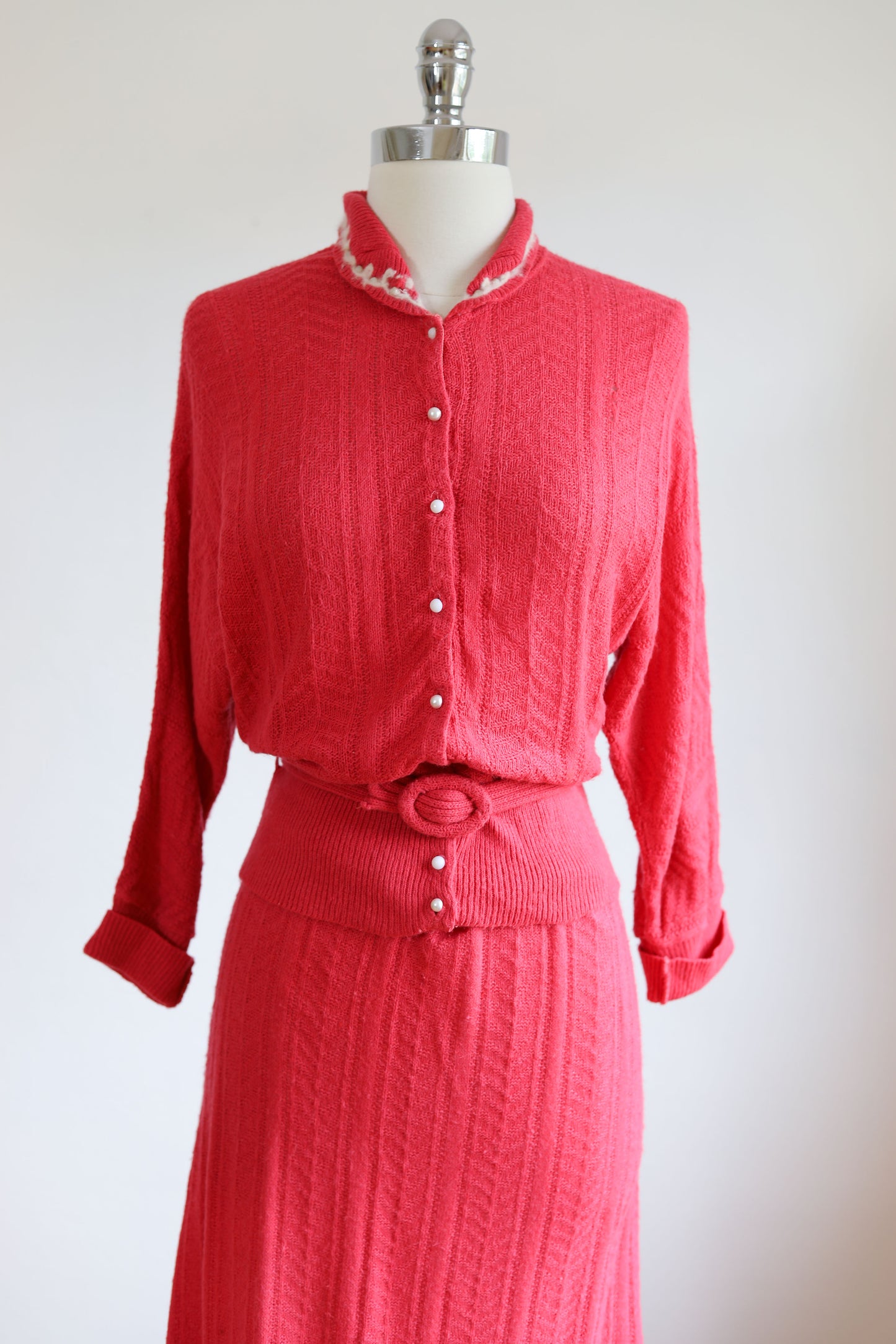 Vintage 1950s Wool Knit Dress Suit - Watermelon Pink Sweater Belt Skirt of Knitwear Size L - XL