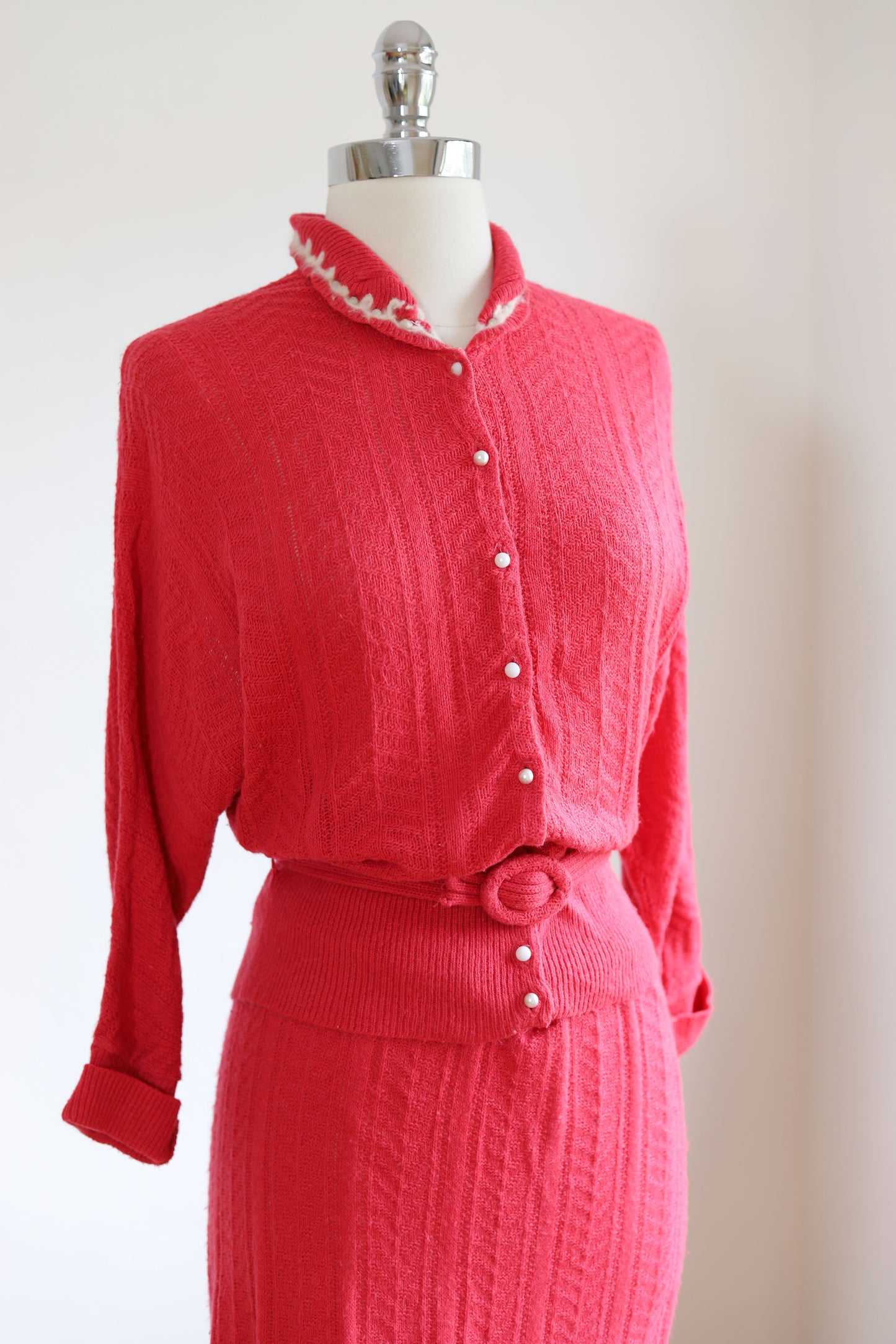 Vintage 1950s Wool Knit Dress Suit - Watermelon Pink Sweater Belt Skirt of Knitwear Size L - XL