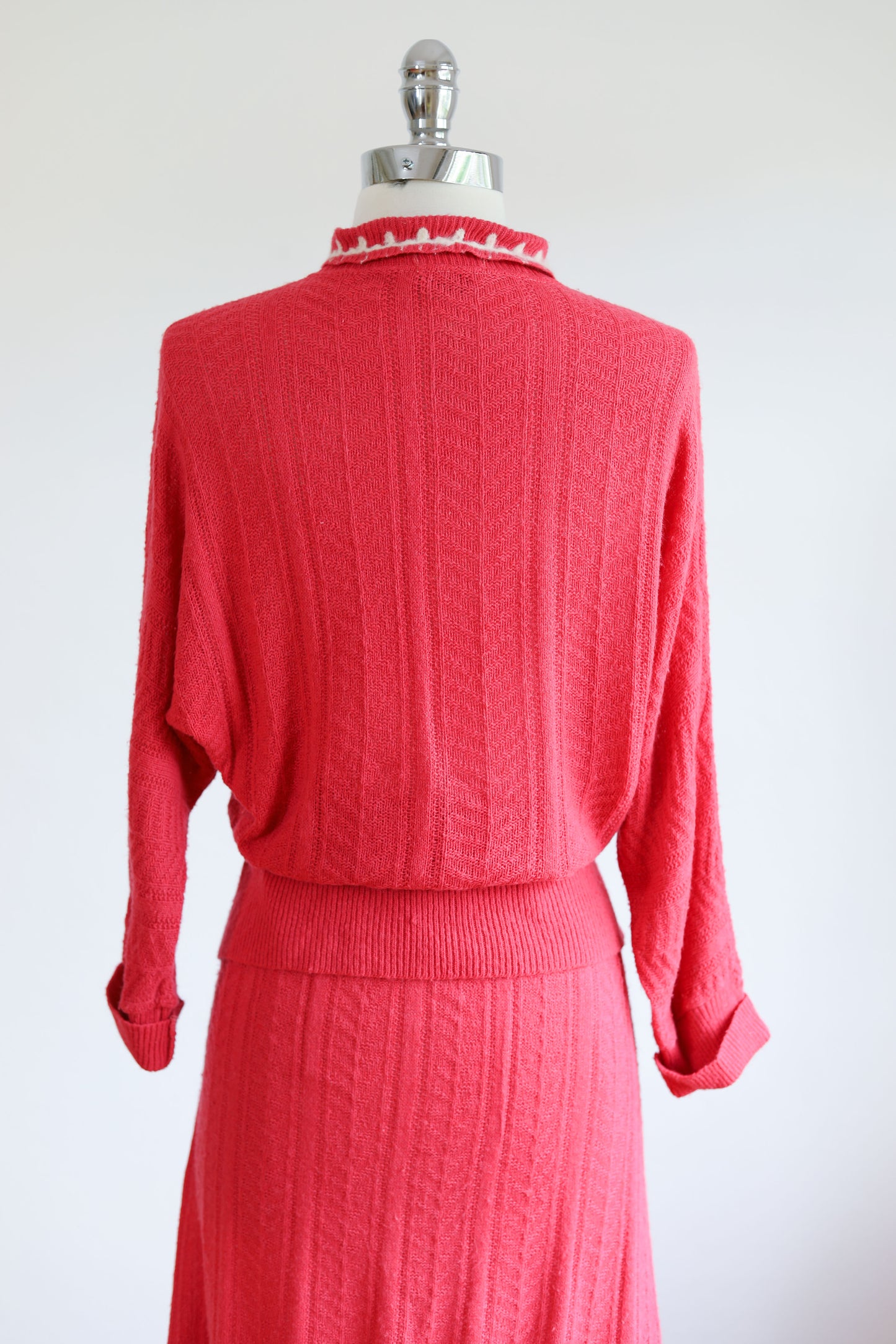 Vintage 1950s Wool Knit Dress Suit - Watermelon Pink Sweater Belt Skirt of Knitwear Size L - XL