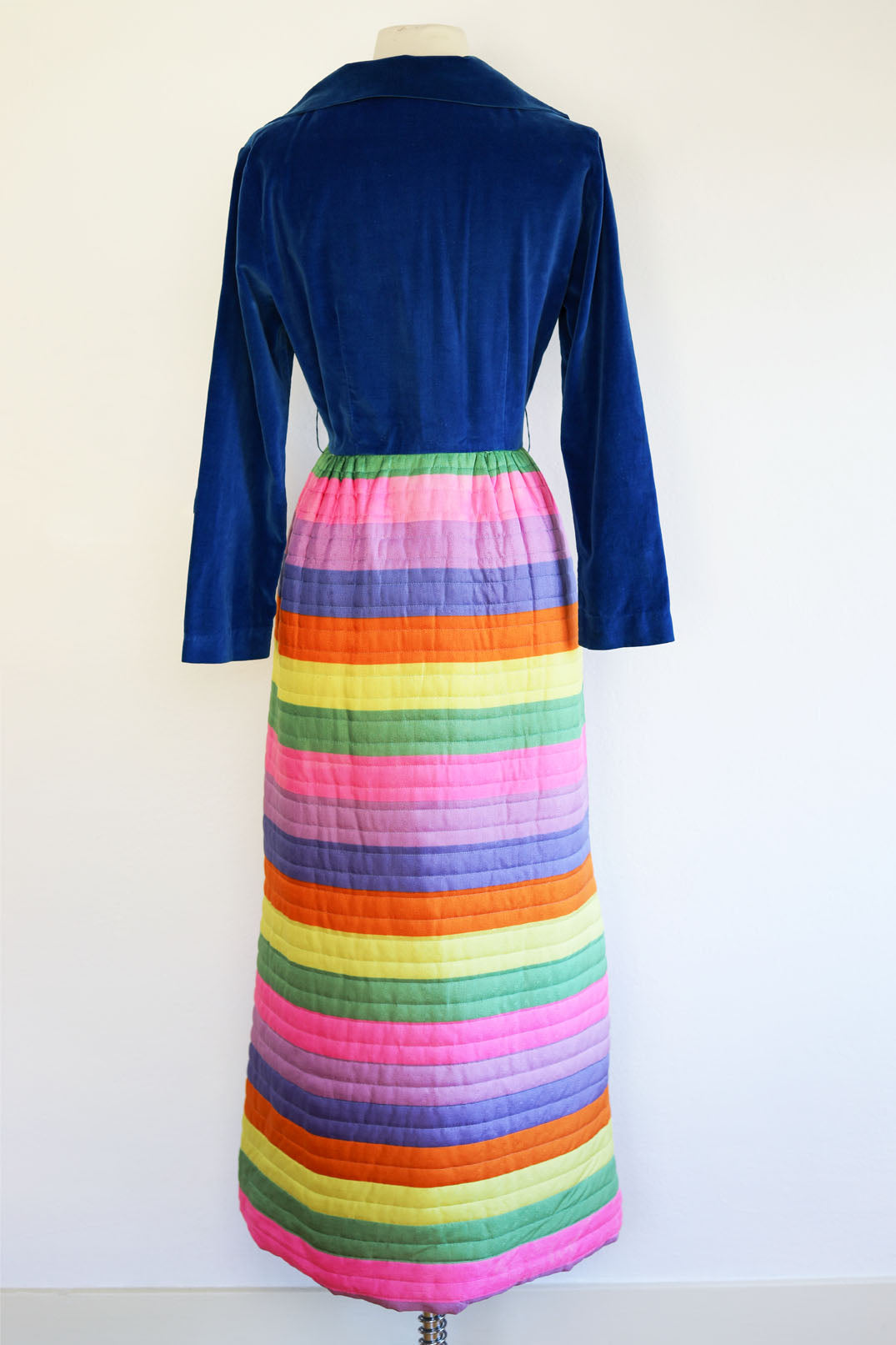 Vintage 1960s Dressing Gown - Silly and Fun Sapphire Velveteen + Rainbow Stripe Quilted Hostess Dress Size M