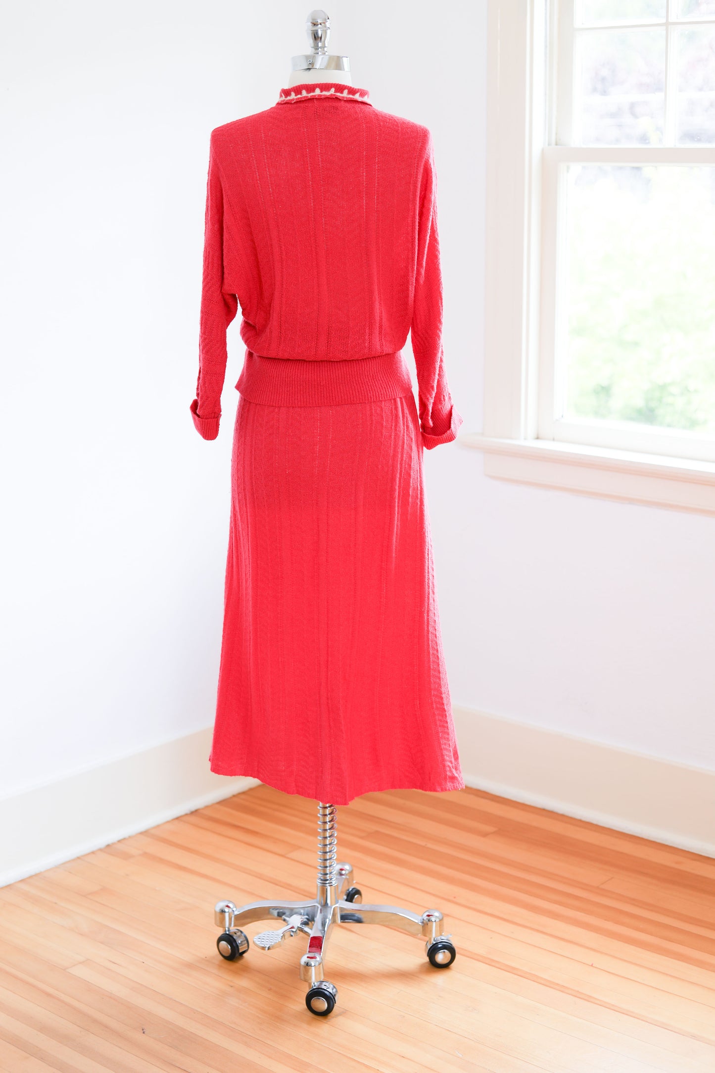 Vintage 1950s Wool Knit Dress Suit - Watermelon Pink Sweater Belt Skirt of Knitwear Size L - XL