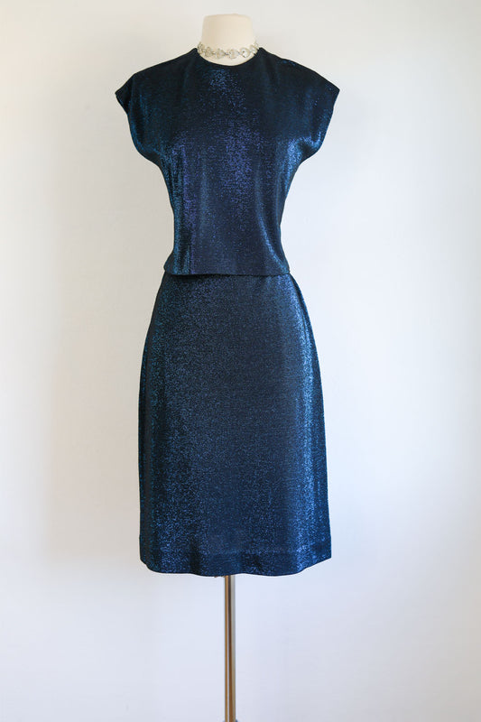Vintage 1960s Dress Set - Sparkling Sapphire Lurex Knitwear 3-Piece Top Jacket Skirt Size M to L