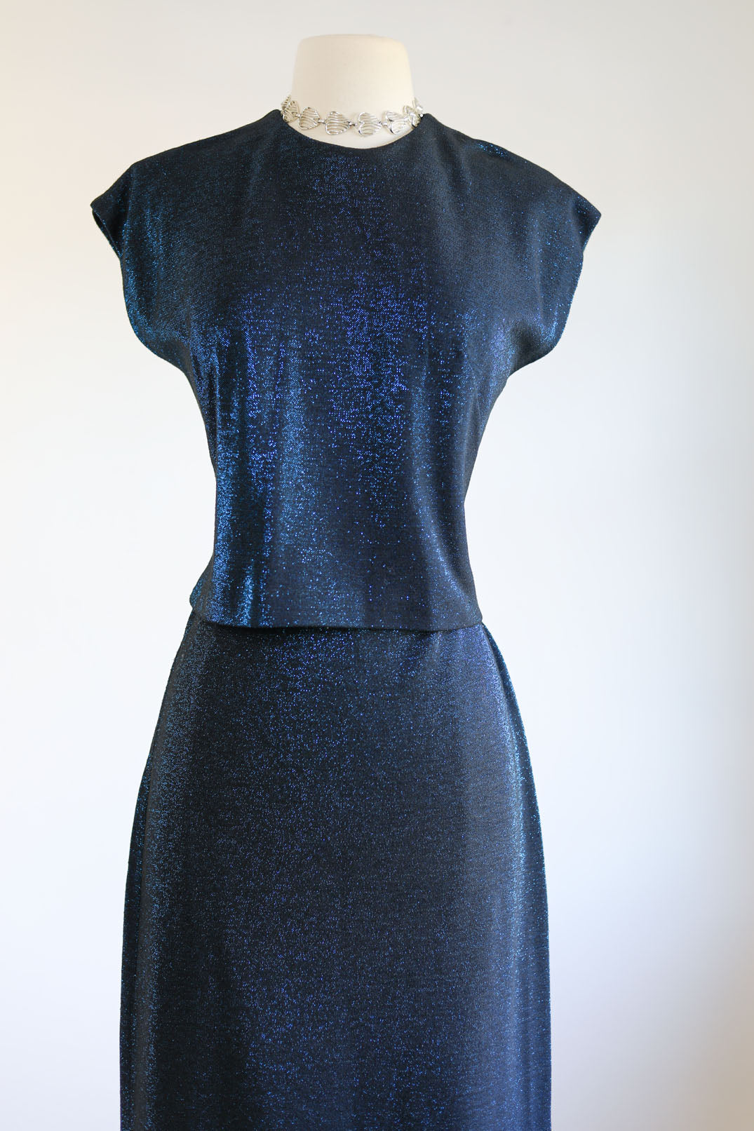 Vintage 1960s Dress Set - Sparkling Sapphire Lurex Knitwear 3-Piece Top Jacket Skirt Size M to L