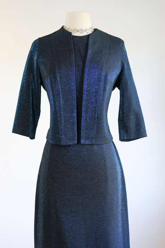 Vintage 1960s Dress Set - Sparkling Sapphire Lurex Knitwear 3-Piece Top Jacket Skirt Size M to L