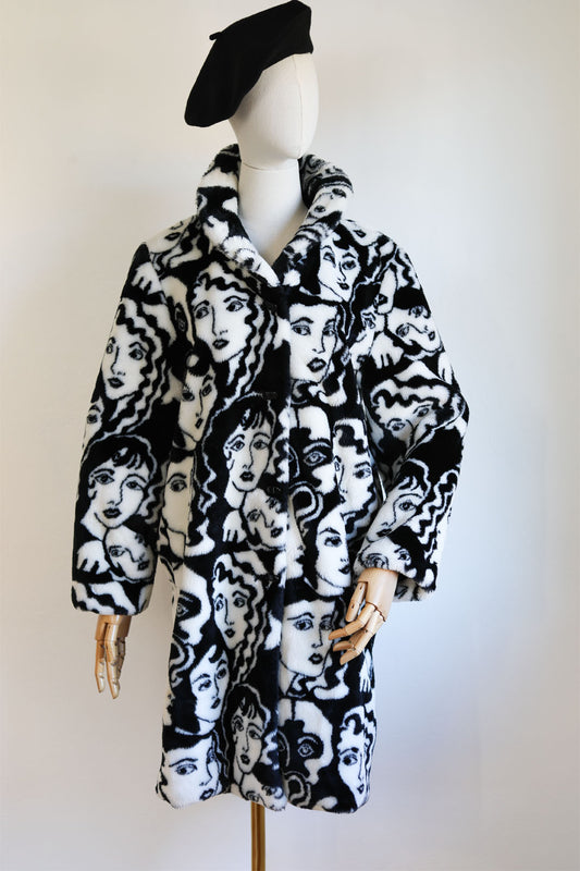 Vintage 1980s RARE Novelty Print Coat - Black White Deco Faces New Wave Faux Fur Teddy Coat Size XS S M