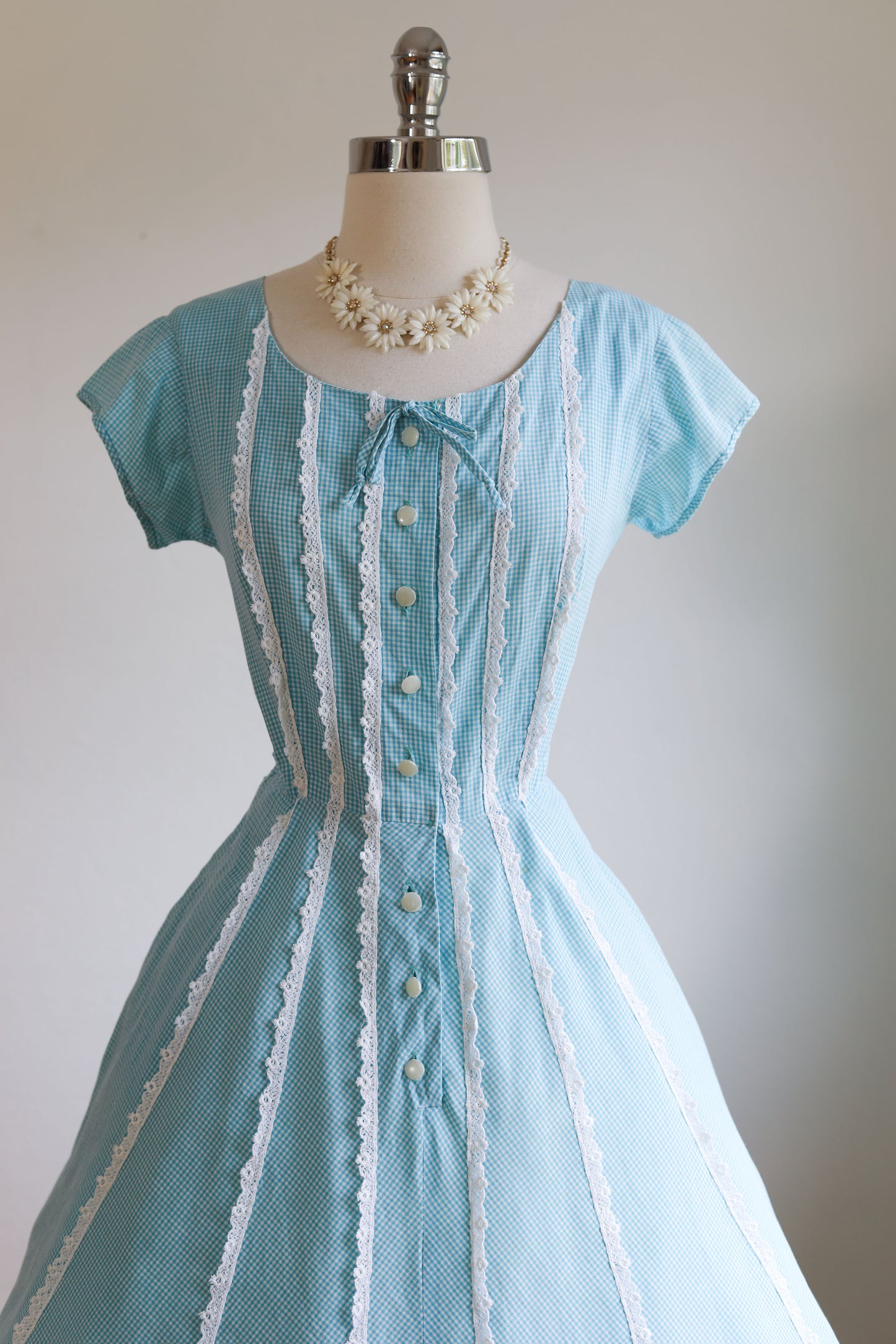 Vintage 1950s Dress - HEAVENLY Kay Whitney Designer Blue Gingham Plaid Cotton Shirtwaist Sundress Size L