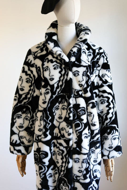 Vintage 1980s RARE Novelty Print Coat - Black White Deco Faces New Wave Faux Fur Teddy Coat Size XS S M