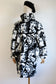 Vintage 1980s RARE Novelty Print Coat - Black White Deco Faces New Wave Faux Fur Teddy Coat Size XS S M