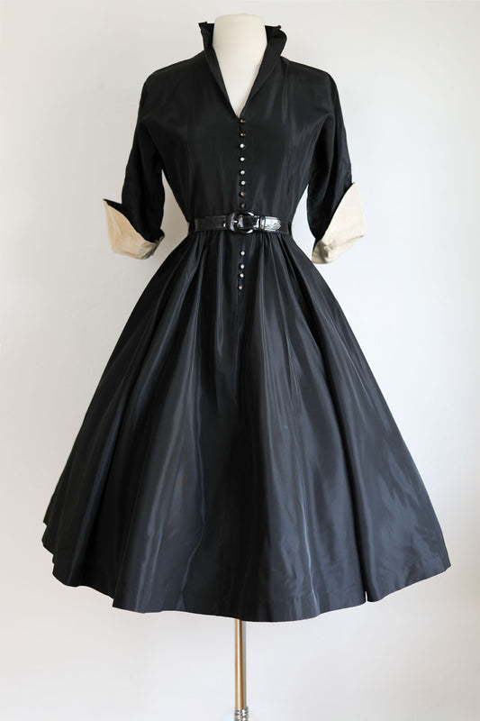 Vintage 1950s Shirtwaist - Witchy Beauty! Black Silk Taffeta + Gold Lurex Cuffs Party Dress Size S