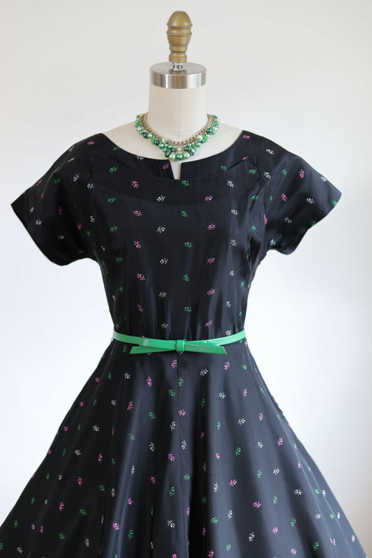 Vintage 1950s Dress - SUPERB Black Taffeta w Neon Green Pink White "Painted" Floral Print + Fanged Neckline Size M