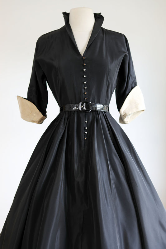 Vintage 1950s Shirtwaist - Witchy Beauty! Black Silk Taffeta + Gold Lurex Cuffs Party Dress Size S