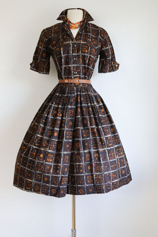 Vintage 1950s Shirtwaist - Rich Autumnal Perfection Espresso + Marigold Batik Print Dress Size M to L
