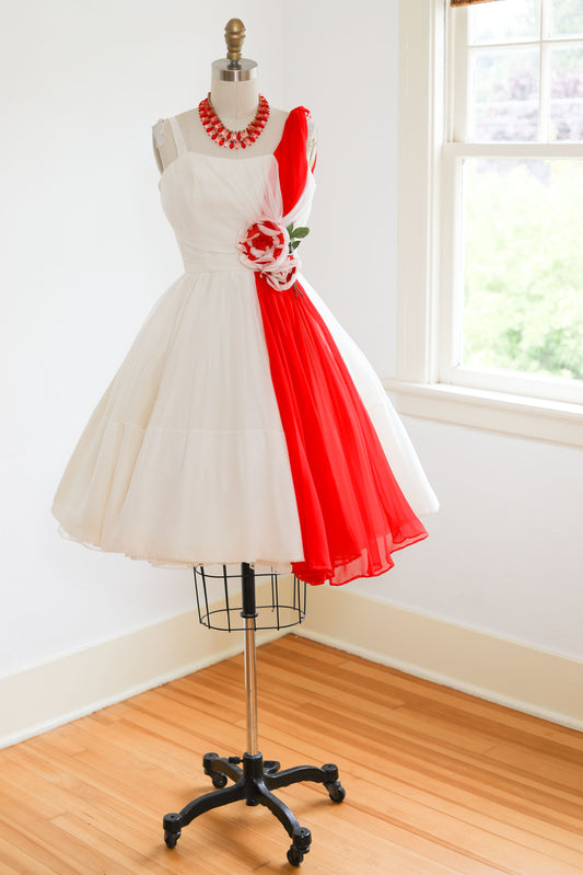 Vintage 1950s Dress - ETHEREAL Junior Theme Silk Chiffon White + Scarlet Grecian Goddess Party Prom Dress w Rose Size XS