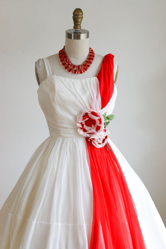 Vintage 1950s Dress - ETHEREAL Junior Theme Silk Chiffon White + Scarlet Grecian Goddess Party Prom Dress w Rose Size XS