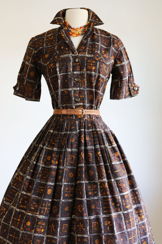 Vintage 1950s Shirtwaist - Rich Autumnal Perfection Espresso + Marigold Batik Print Dress Size M to L