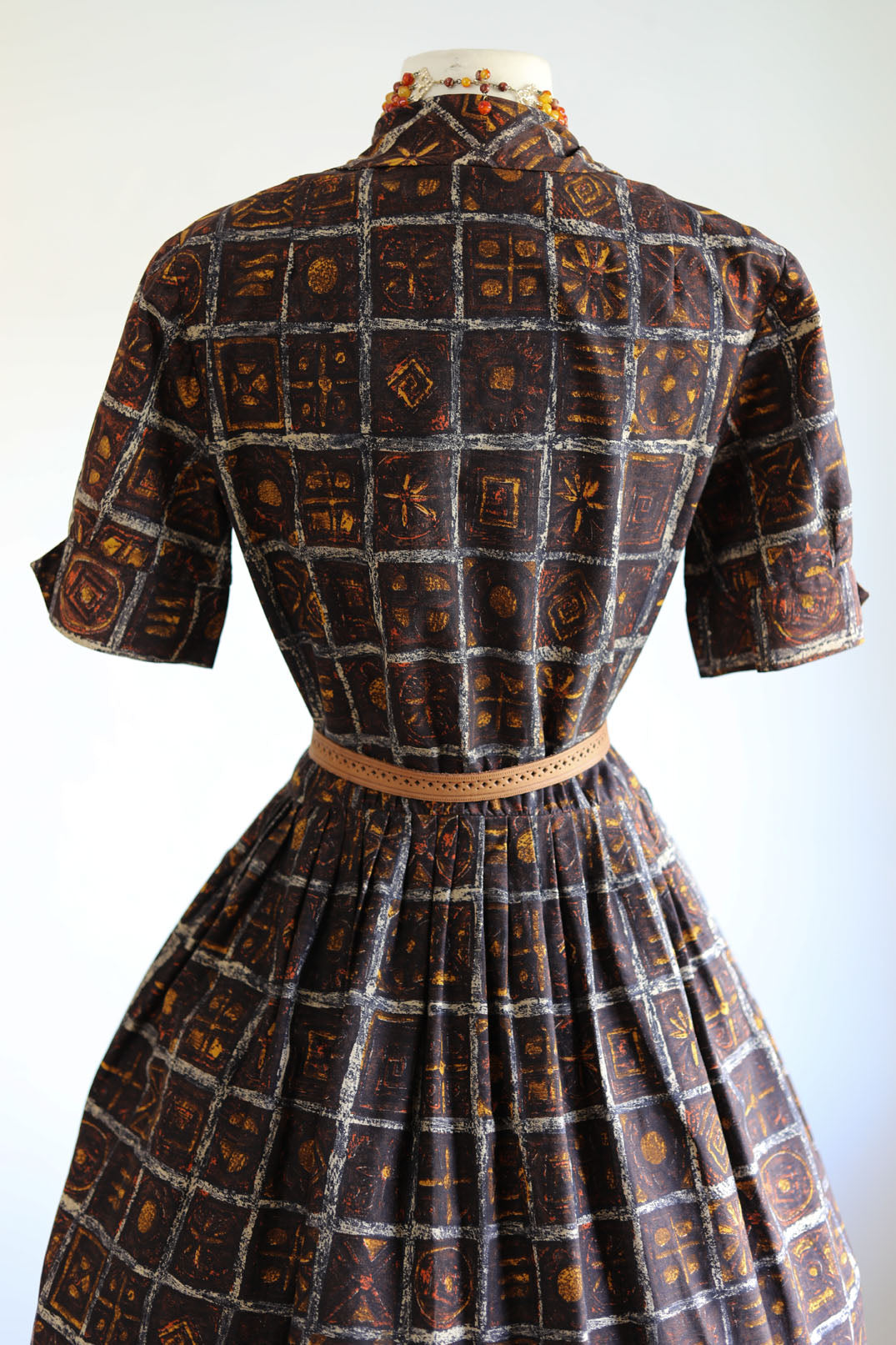 Vintage 1950s Shirtwaist - Rich Autumnal Perfection Espresso + Marigold Batik Print Dress Size M to L