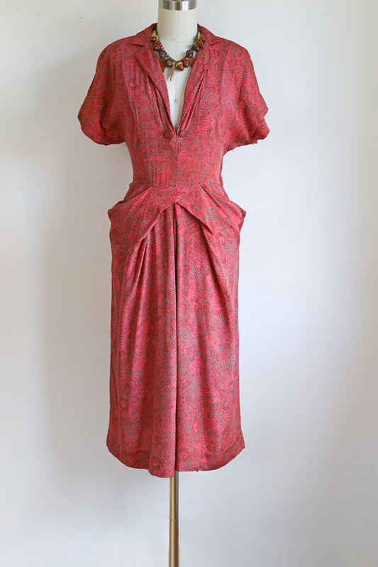 Vintage 1940s Dress - Strawberry + Jadeite Greek God Goddess Novelty Print Draped Rayon Dress Size S