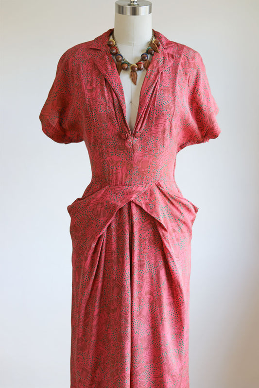 Vintage 1940s Dress - Strawberry + Jadeite Greek God Goddess Novelty Print Draped Rayon Dress Size S