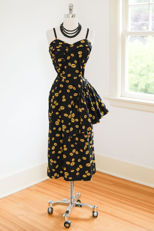 Vintage 1940s Dress - OVER THE TOP Sculpted Cotton Ibex Novelty Print Black Yellow Draped Sundress + Bolero Size L