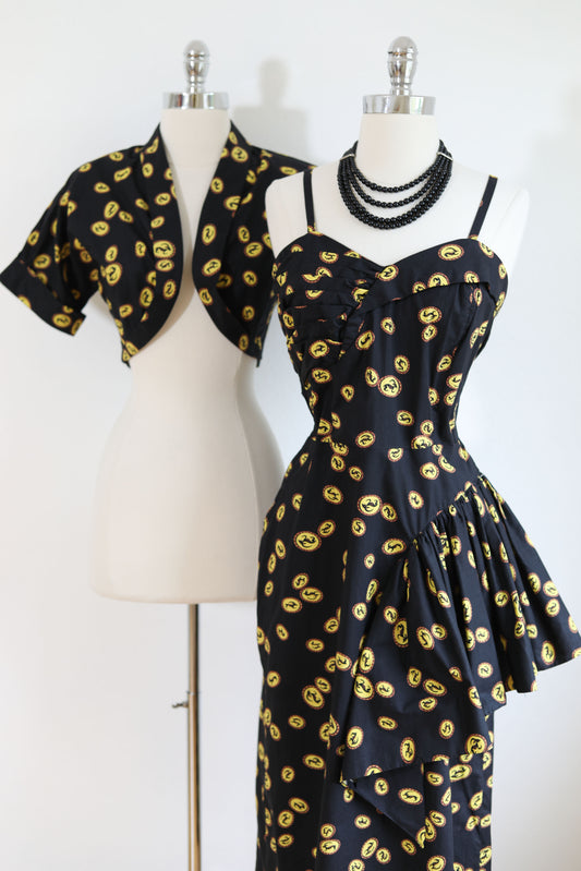 Vintage 1940s Dress - OVER THE TOP Sculpted Cotton Ibex Novelty Print Black Yellow Draped Sundress + Bolero Size L