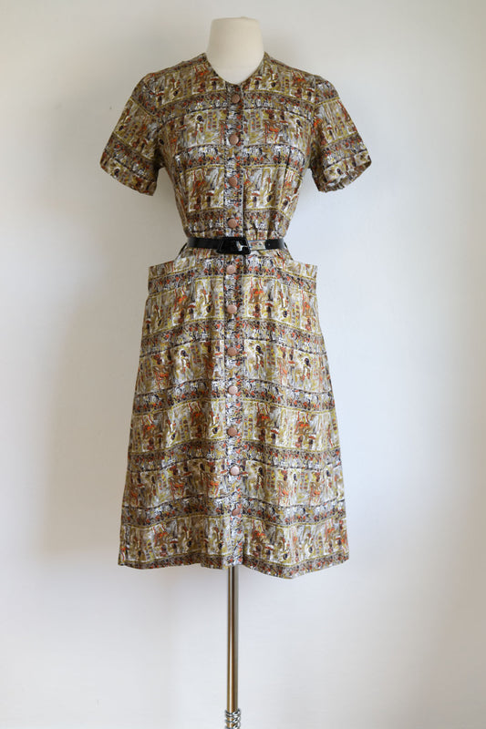 Vintage 1950s Shirtwaist - Gorgeous Egyptian Novelty Print w Dogs? Jackals? + Pockets Size M to L