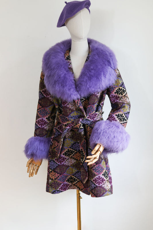 Vintage 1970s RARE Shearling Fur Tapestry Princess Coat - Country Pacer Purple + Multicolor Sheep Fur Belted Coat Size S to M