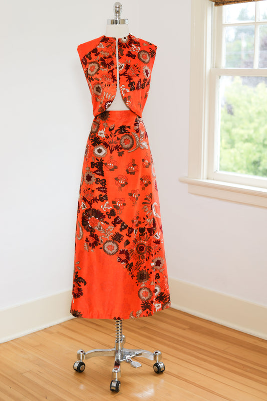 Vintage 1960s to 1970s Bolero + Skirt Suit - WILD Volup! Pumpkin Psychedelic Print Cropped Jacket + Maxi Skirt Size L to XL