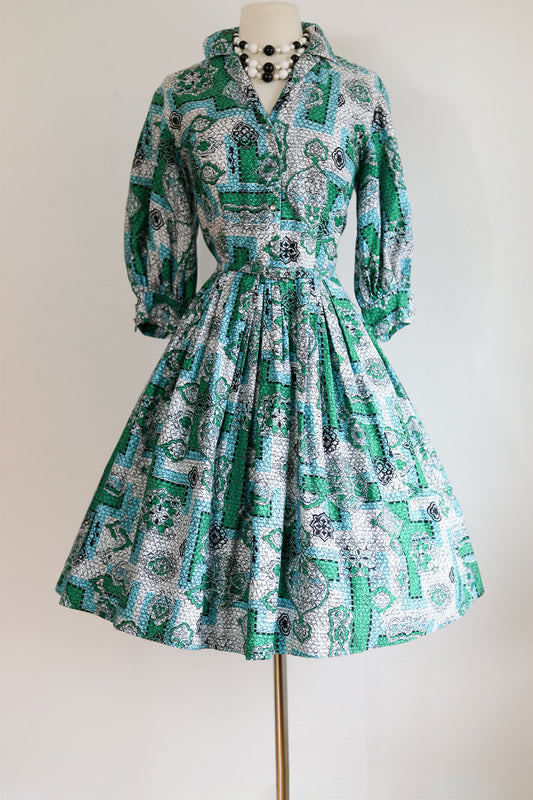 Vintage 1950s Shirtwaist - Stunning Emerald + Aqua Fishnet Geometric Print w Mirrored Buttons Dress Size M