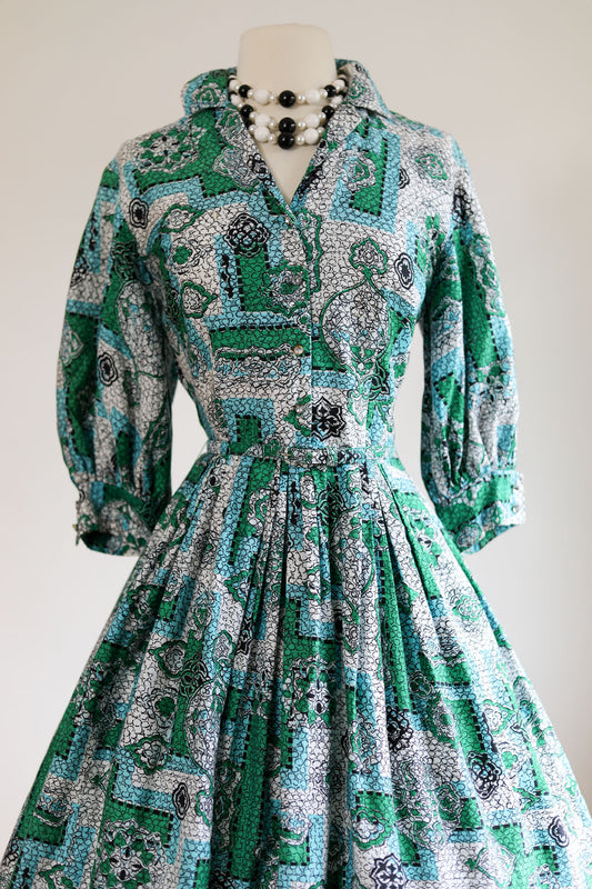 Vintage 1950s Shirtwaist - Stunning Emerald + Aqua Fishnet Geometric Print w Mirrored Buttons Dress Size M