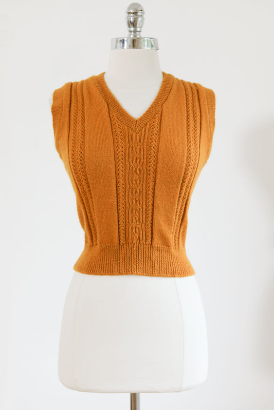 Vintage 1940s Knit Vest Top - Marigold Wool Hand-Knit V-neck Dark Academia Size XS S M