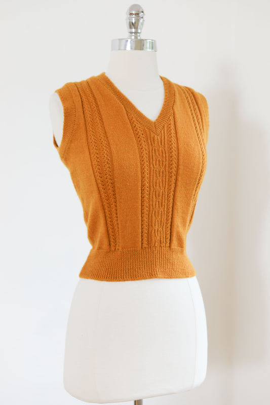 Vintage 1940s Knit Vest Top - Marigold Wool Hand-Knit V-neck Dark Academia Size XS S M