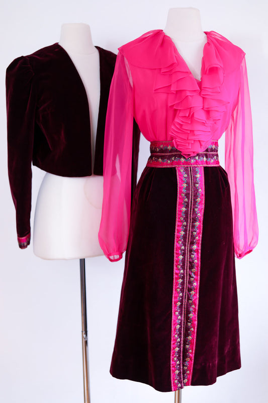Vintage 1960s Designer Cocktail Set - Jaw-dropping Wine + Hot Pink Jabot Velvet + Satin Dress + Puff Jacket Size M