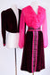 Vintage 1960s Designer Cocktail Set - Jaw-dropping Wine + Hot Pink Jabot Velvet + Satin Dress + Puff Jacket Size M
