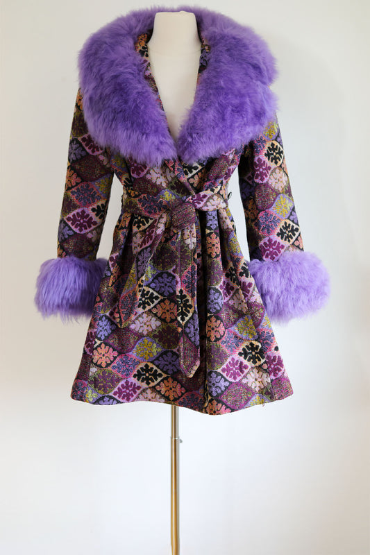 Vintage 1970s RARE Shearling Fur Tapestry Princess Coat - Country Pacer Purple + Multicolor Sheep Fur Belted Coat Size S to M