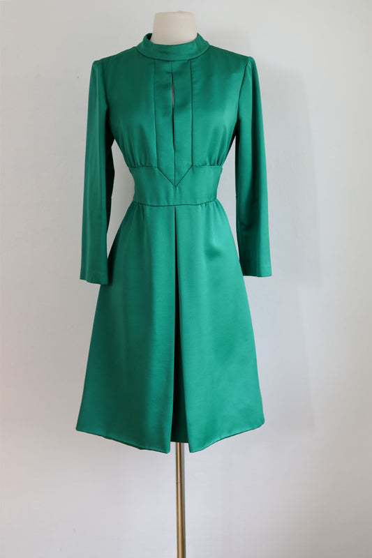 Vintage 1960s Designer Cocktail Dress - Structural Mod Silk Emerald Green Midi Dress w Cut-Out Size M