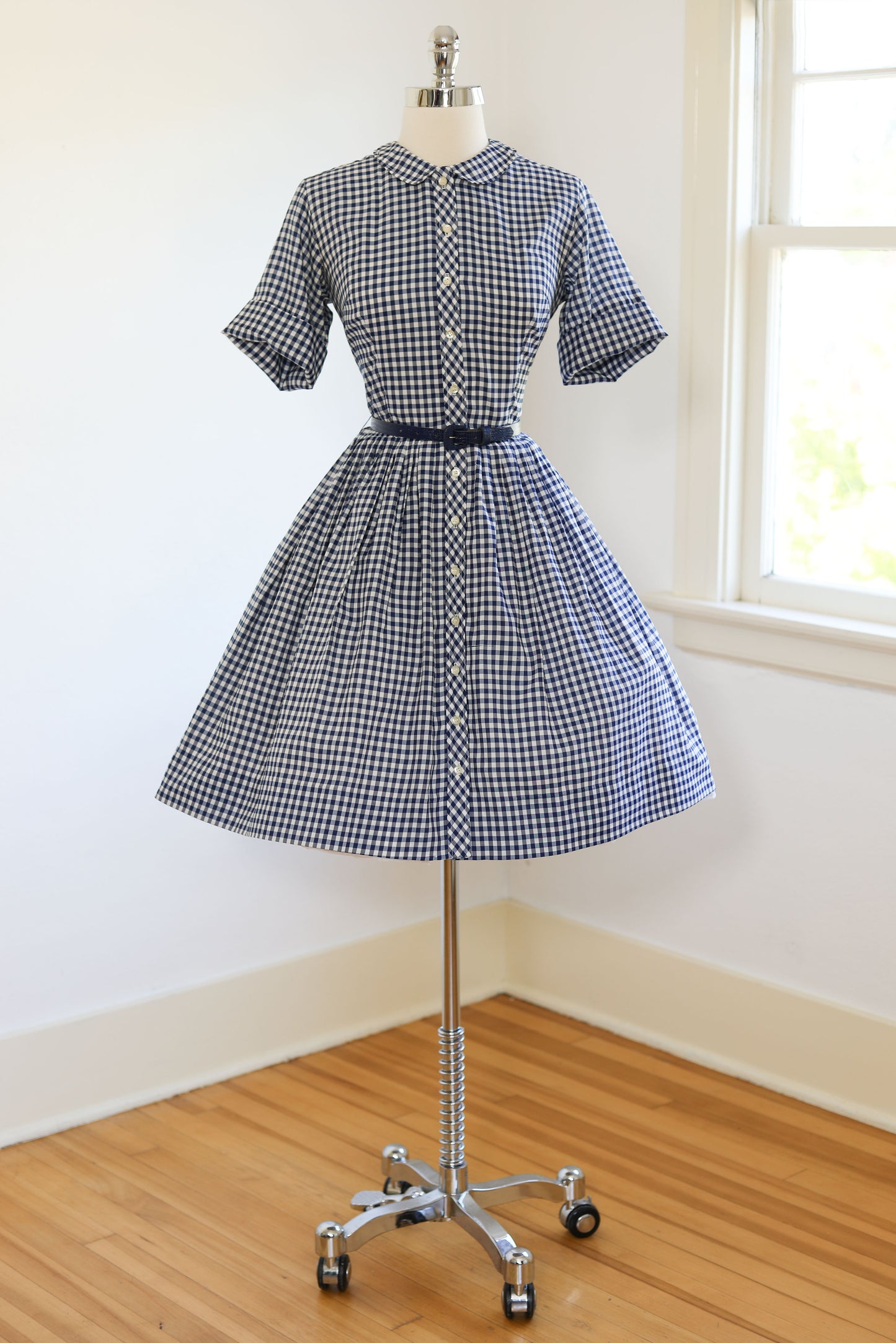 Vintage 1950s to 1960s Dress - PERT Blue Gingham Plaid Check "Country Miss" Shirtwaist Size S