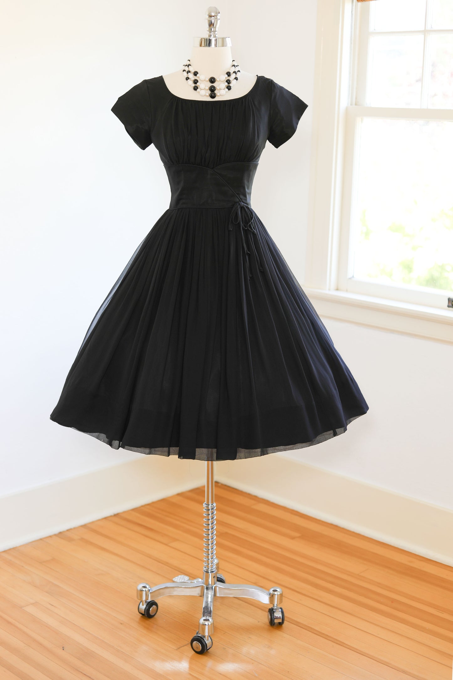 Vintage 1950s Dress - PERFECTLY SCULPTED Black Silk Chiffon Cupcake Party Dress Size XS - S