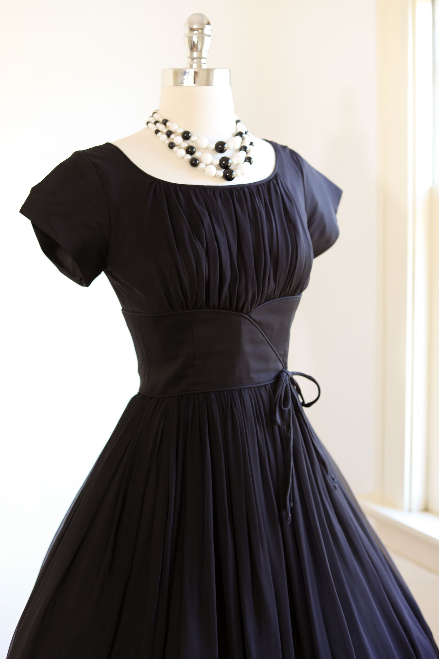 Vintage 1950s Dress - PERFECTLY SCULPTED Black Silk Chiffon Cupcake Party Dress Size XS - S