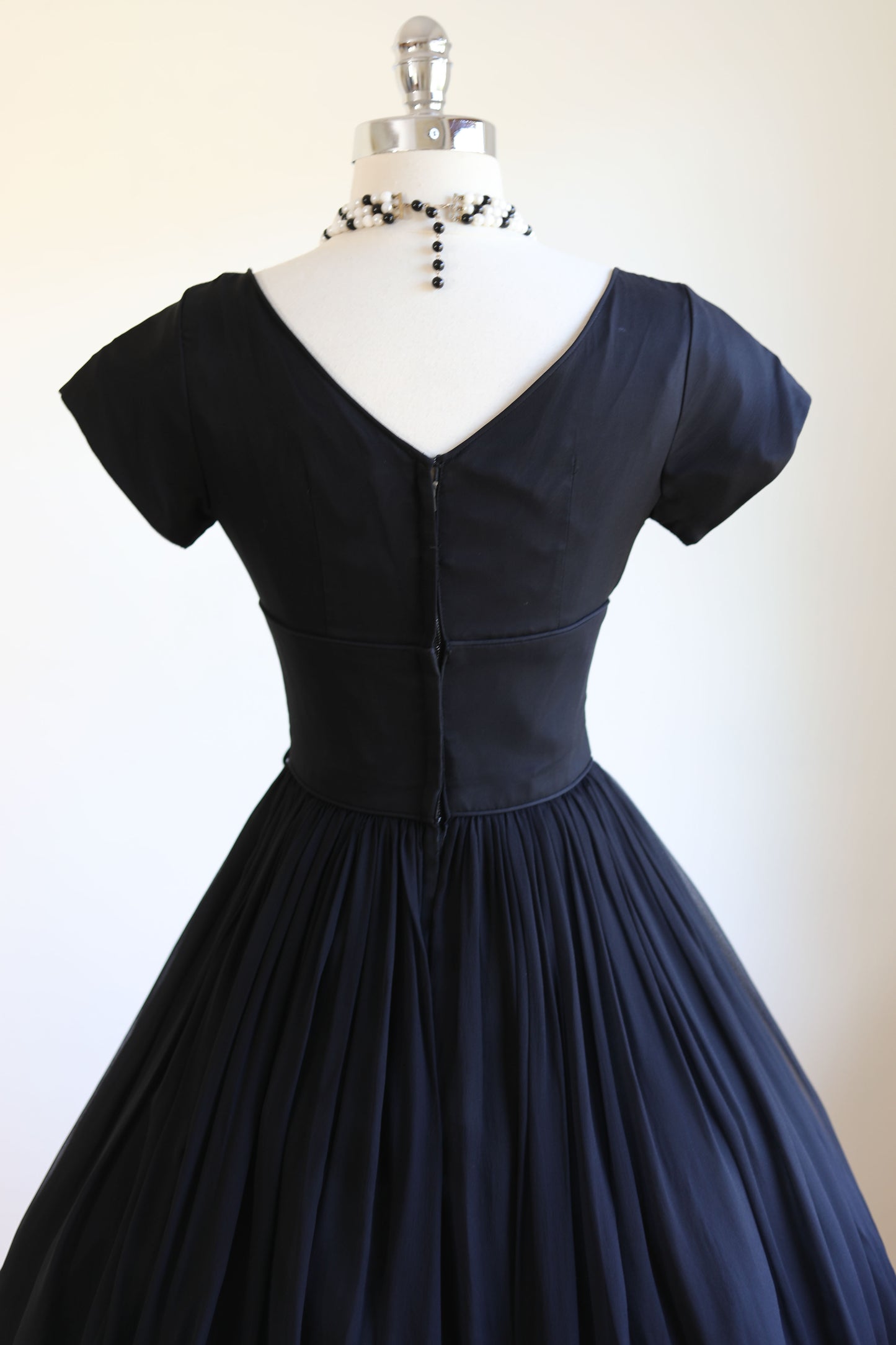 Vintage 1950s Dress - PERFECTLY SCULPTED Black Silk Chiffon Cupcake Party Dress Size XS - S