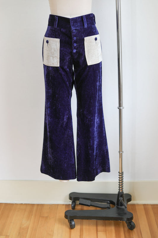 Vintage 1960s 1970s Velvet Bell Bottoms - Magical Violet-Sapphire + Ivory Unisex Flare Pants Trousers Size M to L