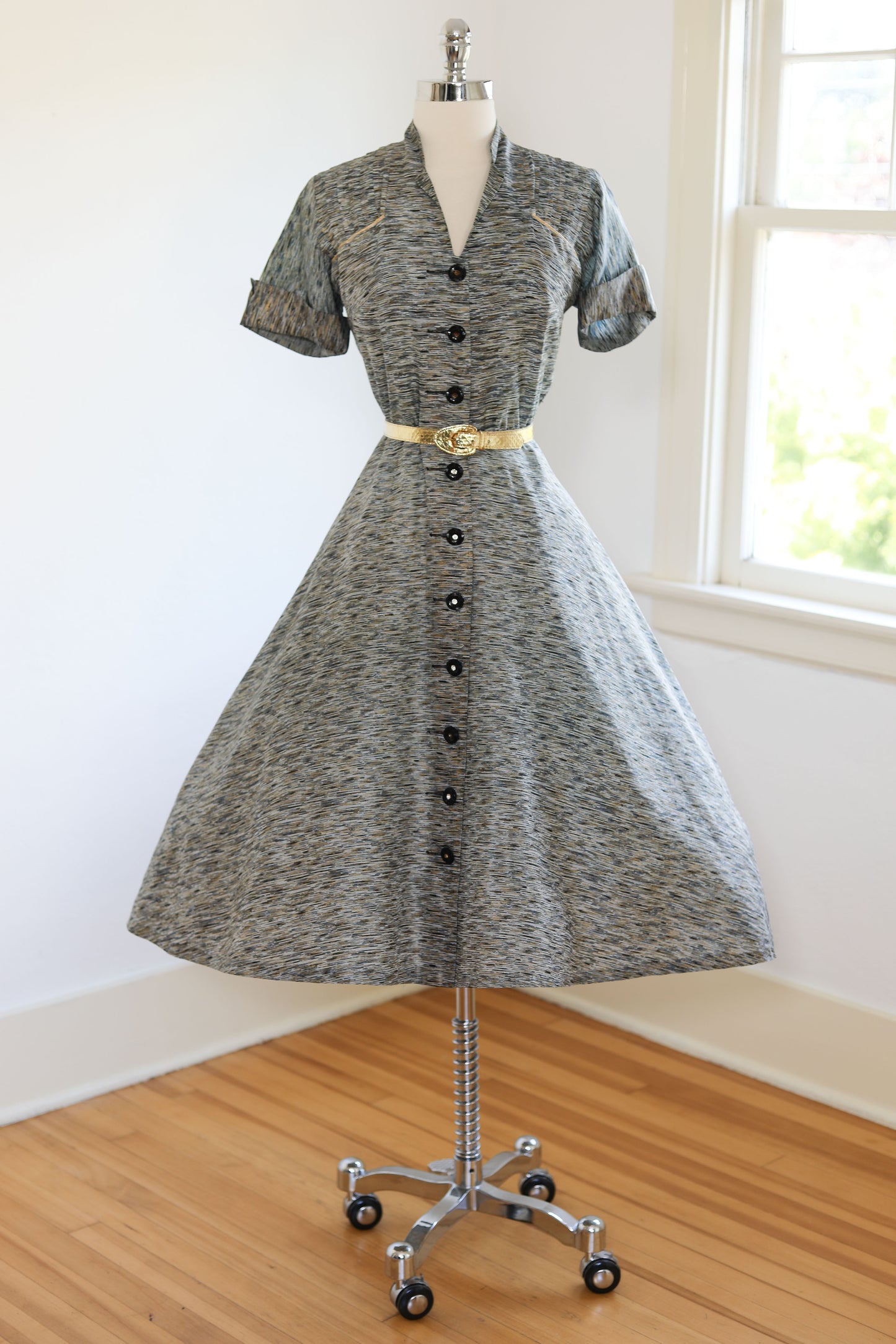 Vintage 1950s Dress - SUPER COOL Tiger Stripe Black Blue Aqua Metallic Taffeta Coat Dress w Boob Pockets Size M - L