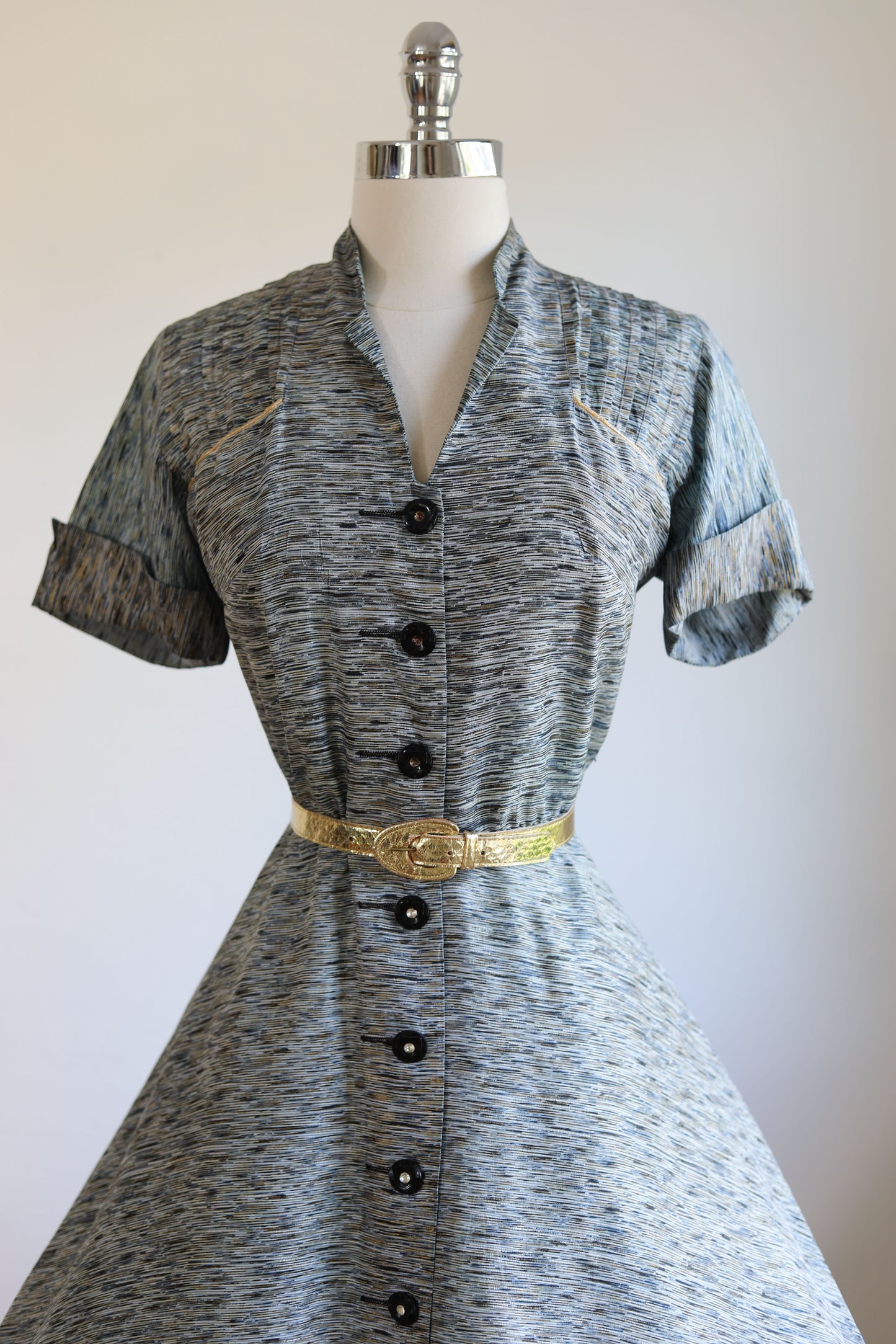 Vintage 1950s Dress - SUPER COOL Tiger Stripe Black Blue Aqua Metallic Taffeta Coat Dress w Boob Pockets Size M - L