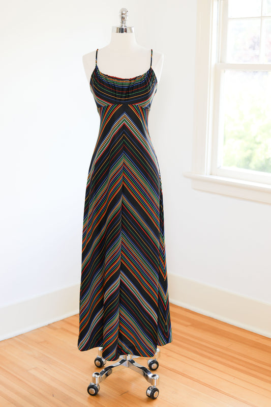 Vintage 1970s Dress - KILLER Open-Back Lace-up Black Rainbow Jersey Maxi Skirt Sundress Size XS - S