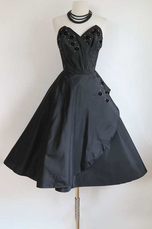 Vintage 1950s Party Dress - Iconic Stabby Bust + Hip Fin Black Silk Taffeta Strapless Gown Size M