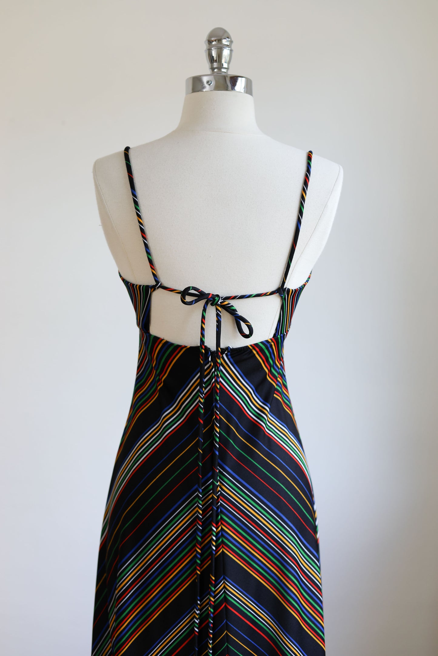 Vintage 1970s Dress - KILLER Open-Back Lace-up Black Rainbow Jersey Maxi Skirt Sundress Size XS - S